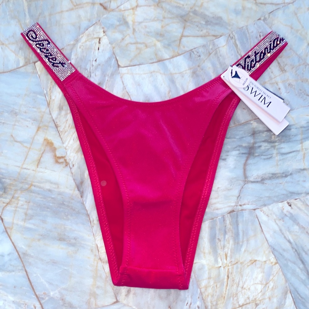 New Victoria's Secret Swim Shine Strap Sexy Bikini Bottoms Panty Red Pink XS